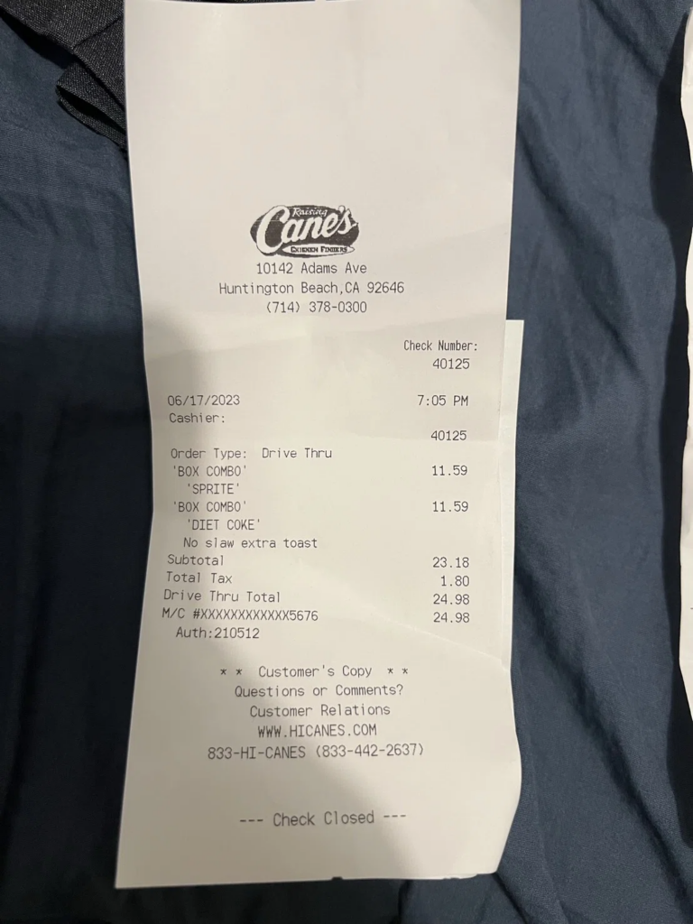 Raising Cane’sのレシート